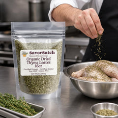 SavorSatch measuring spoon with thyme showing portion control benefit