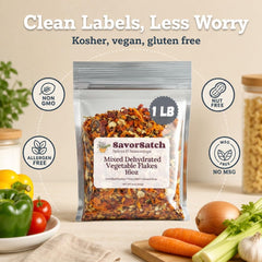 SavorSatch vegetable flake texture detail highlighting quick rehydration benefit