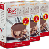 SAVORY CHOICE front packaging showing three boxes of beef demi-glace concentrate, convenient pantry-ready