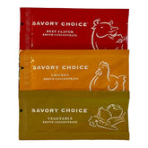 SAVORY CHOICE front packaging showing 16 reduced sodium broth packets and variety