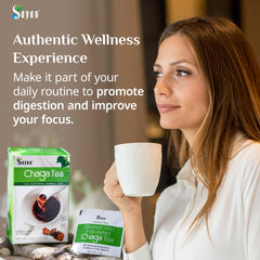 Sayan loose chaga powder in jar highlighting extract-plus-powder potency benefit