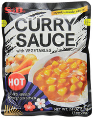 S&B front packaging pouch showing hot vegetable curry, convenient ready-to-heat meal