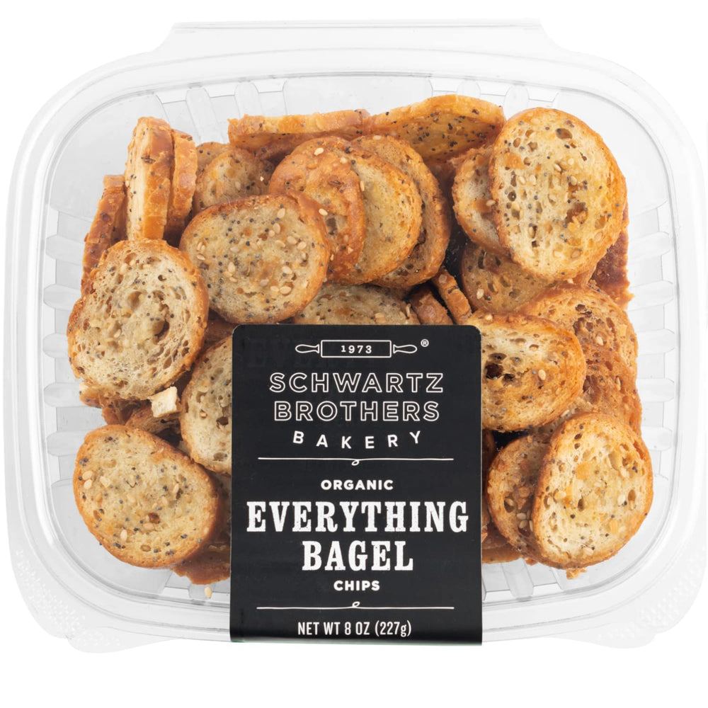 Schwartz Brothers Bakery front packaging showing organic everything bagel chips, clear benefit freshness