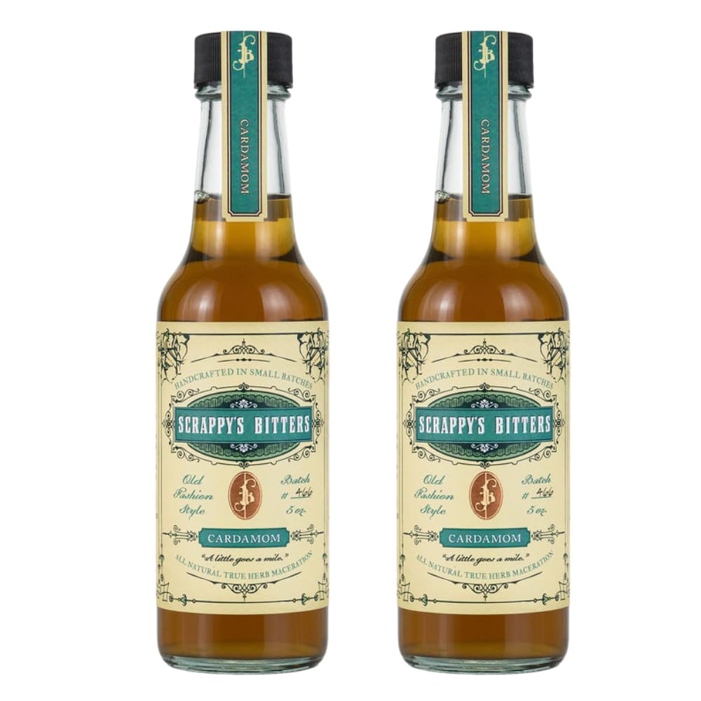 Scrappy's cardamom bitters front packaging showing label and two bottles for versatile use