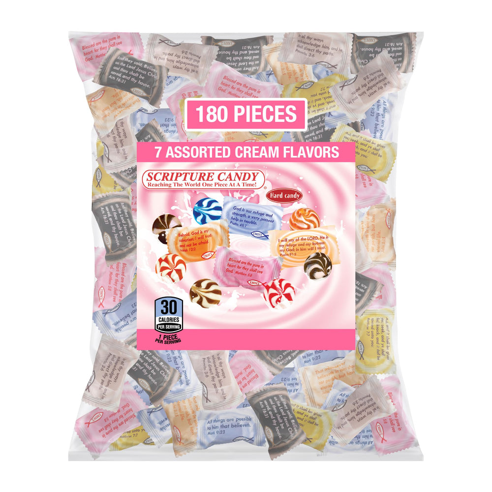 SCRIPTURE CANDY front packaging showing 180-piece bulk bag and branding benefit convenience