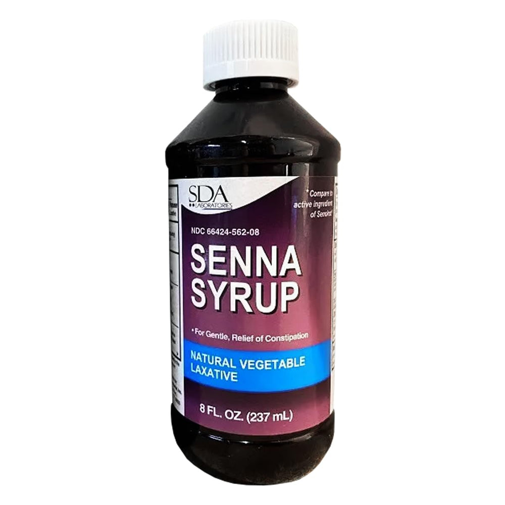 SDA LABORATORIES front packaging showing chocolate-flavored senna syrup and benefits