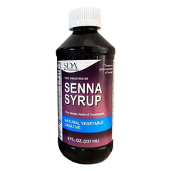 SDA LABORATORIES front packaging showing chocolate-flavored senna syrup and benefits