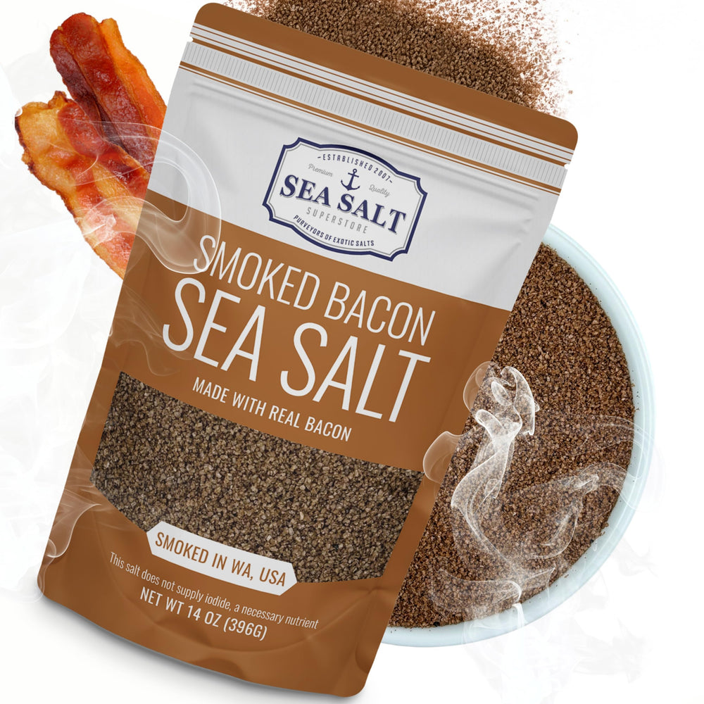 Sea Salt Superstore front jar showing label and 14 oz size, highlights gourmet quality