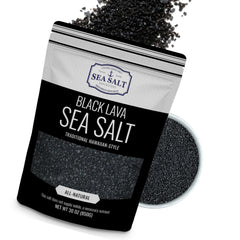 Sea Salt Superstore jar front view showing black lava salt and bold packaging benefit: dramatic presentation