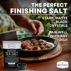Grilled steak finished with Sea Salt Superstore black lava salt delivering visual contrast and flavor