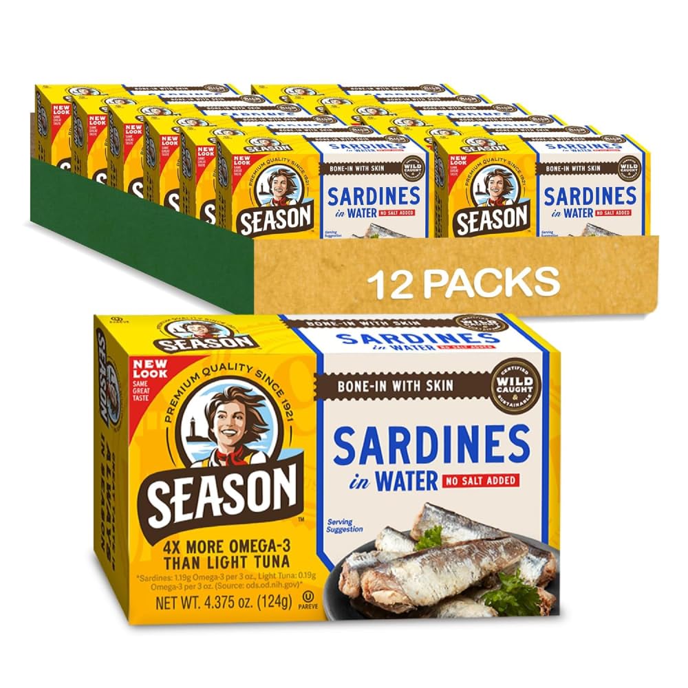 SEASON sardines front packaging showing 12-pack and no salt added benefit