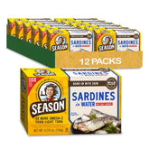 SEASON sardines front packaging showing 12-pack and no salt added benefit