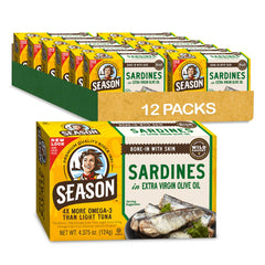 SEASON front packaging showing 12-pack and olive oil preservation benefit
