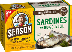 SEASON front packaging showing 4.37 oz tin and brand, highlights sustainable sourcing