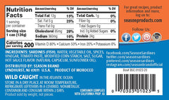 SEASON open can close-up showing fish and sauce, ready-to-eat nutrition
