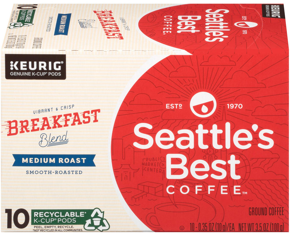 Seattle's Best Coffee front packaging showing 10-count Breakfast Blend box for quick selection