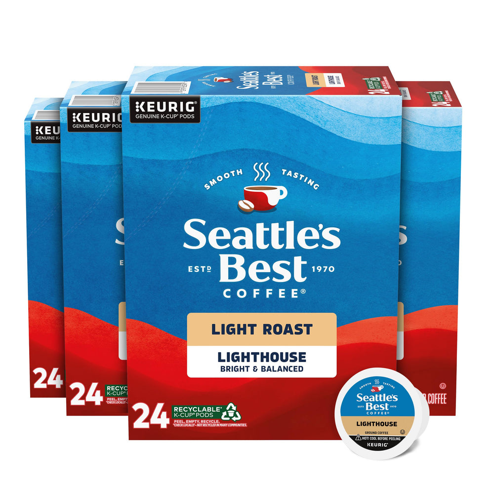 Seattle's Best Coffee front packaging showing four 24-count boxes for convenience
