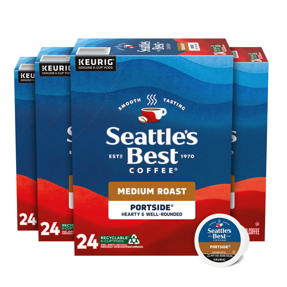 Seattle's Best Coffee front packaging showing four 24-pod boxes and product name benefit convenience