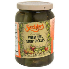 Sechler's front packaging glass jar showing bright dill strips and ready-to-serve appeal
