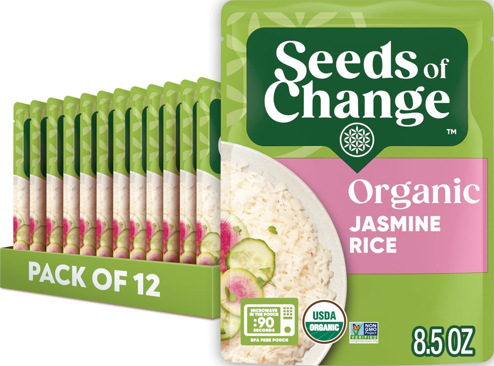 SEEDS OF CHANGE front packaging showing organic jasmine rice benefits