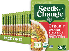 SEEDS OF CHANGE front packaging showing organic Spanish style rice for pantry convenience