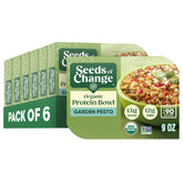SEEDS OF CHANGE front packaging showing Garden Pesto protein bowl, convenient shelf-stable meal
