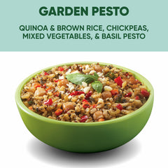 SEEDS OF CHANGE open bowl top view with pesto, quinoa and vegetables, ready to eat quickly
