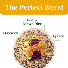 SEEDS OF CHANGE opened pouch with spoon scooping cooked medley, highlights quick serving