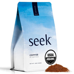 SEEK front packaging showing organic low-acid 12oz bag and branding benefit