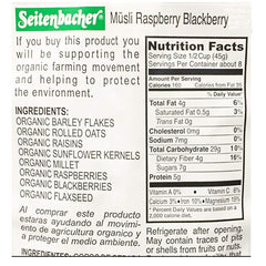 Seitenbacher close-up of oat flakes, almonds and raspberries highlighting texture and flavor