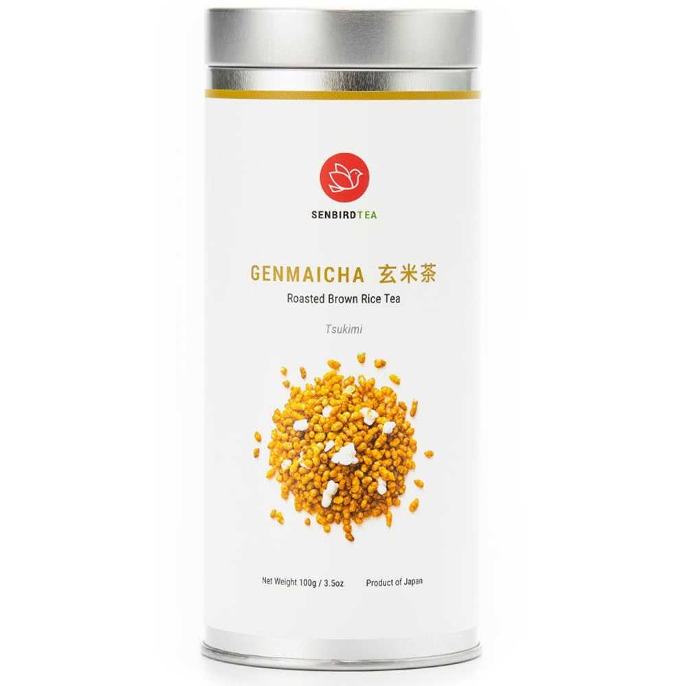Senbird tin front view showing Genmaicha Tsukimi packaging and freshness benefit