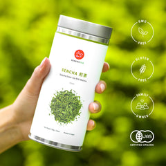 Senbird tea being poured hot into a cup demonstrating bright green infusion
