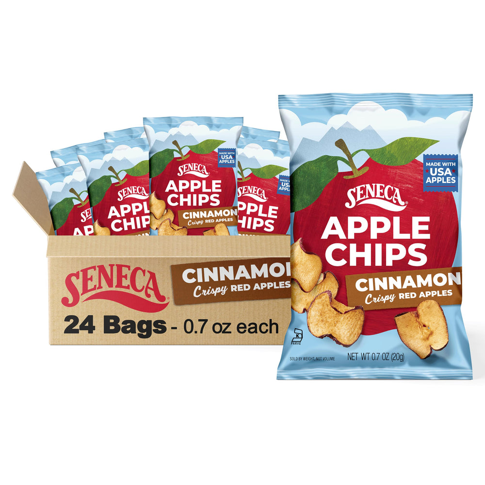 Seneca front packaging showing cinnamon apple chips and easy grab snack benefit