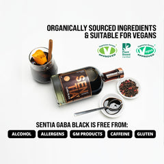 Sentia Gaba Black close-up of liquid texture and spiced botanicals, emphasizes natural flavor