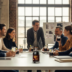 Sentia Gaba Black bottle beside a measuring glass to show 500ml scale and up to 20 servings benefit