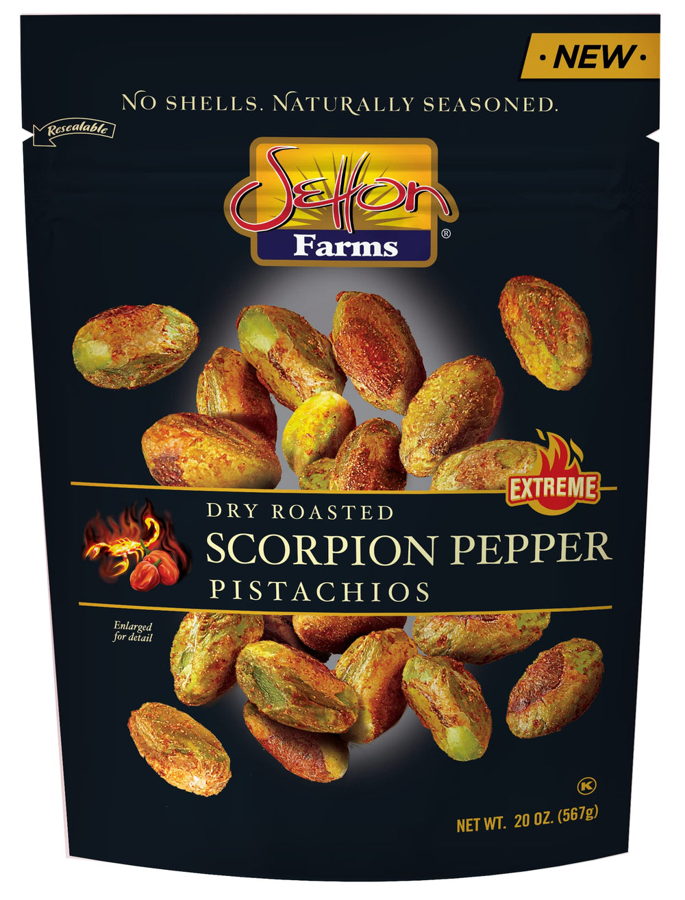 Setton Farms front packaging showing 20 oz value bag and bold scorpion flavor benefit
