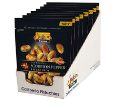 Setton Farms front packaging showing spicy scorpion pepper pistachio pouches with bold label and heat appeal