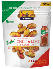 Setton Farms Tajin Clasico pistachios front packaging shows 20 oz value bag and seasoning benefits
