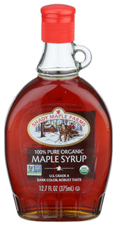 Shady Maple Farm front label showing organic Grade A table syrup benefits
