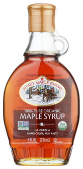 Shady Maple Farms front label glass bottle shows certified pure maple and gift-ready presentation