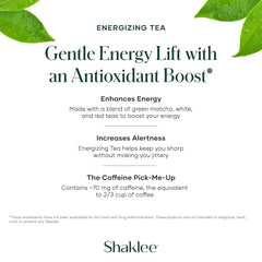 Shaklee prepared hot matcha cup steaming, offering warming energy and comfort
