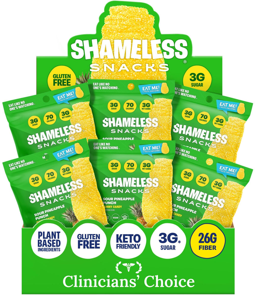 Shameless front packaging showing sour pineapple punch and low-sugar benefit