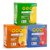 Shameless front packaging showing three-flavor trio and convenient boxes
