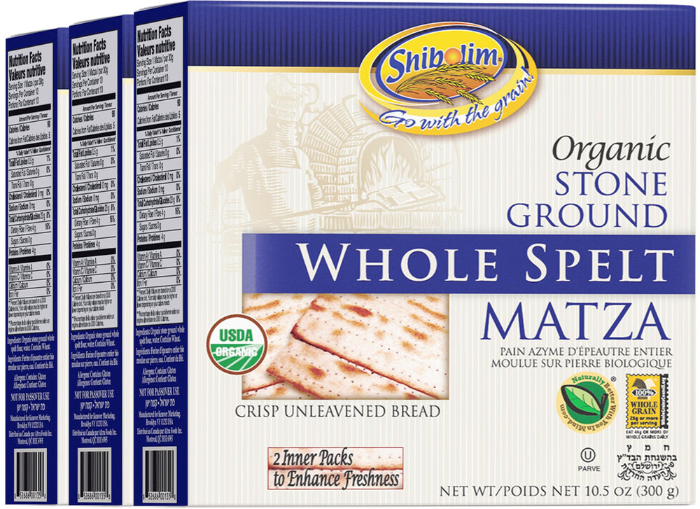 Shibolim whole spelt matzo front packaging showing three 10.5oz boxes and stay-fresh packs
