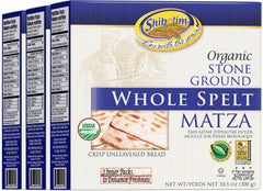 Shibolim whole spelt matzo front packaging showing three 10.5oz boxes and stay-fresh packs