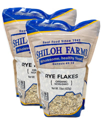 Shiloh Farms front packaging of organic rye flakes showing label and 15 oz two-pack benefit