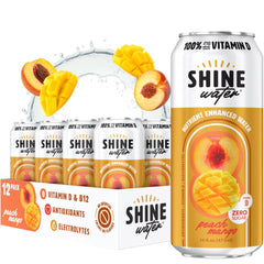 ShineWater front packaging showing 12-pack and peach mango flavor benefits