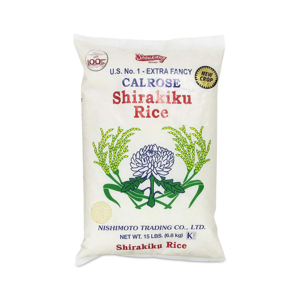 Shirakiku front packaging 15 lb bag showing brand and size, convenient bulk supply
