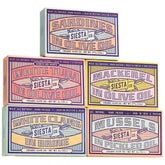 Siesta Co. front packaging showing five-tin gourmet variety pack and eco-friendly box benefit