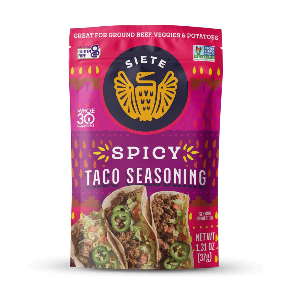 Siete front packaging showing spicy taco seasoning and dietary benefits